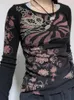 Camisetas femininas y2k estético Fada Grunge Camiseta dos anos 90 Mulheres primavera outono de manga longa impressão gótica Tops casuais club de streetwear