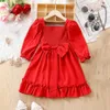 Girl Dresses Kids Spring Long Sleeves Dress Casual Solid Color Ruffled Hem Princess A-Line