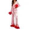 Xingqing Valentines Day Pyjamas Set Y2K Women Heart Print Feather Cuff Long Sleeve Tops With Long Pants Loungewear Sleepwear 240407