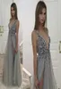 Shinning Sexy Prom Dresses Side Split Sequins Beading Deep V Neck Cocktail Dresses Evening Wear Tulle Backless Party Gowns7083411