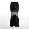 Skirts Dark Black Style Sexy Perspective Spicy Girl Long Autumn Temperament Velvet Lace Patchwork Half Skirt Fishtail Dresses