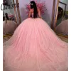 Pink Illusion perline Crystal Quinceanera Abiti da ballo Abiti senza spalline Appliques Sweet 15 Vestidos de XV Anos