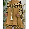 SUSuit da donna Summer Fashion Leopard Stampa a due pezzi Set da donna Trotta rotonda manica lunga cortometraggi irregolari casual sciolti