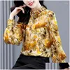 Chemises pour femmes Chemises au printemps automne stand collier Blouse Vintage imprimé vêtements épissés de mode à manches longues plies perle perle lâche DHBFD