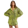 Dames blouses dames streetwear sprankelende glanzende groene zilveren lange mouw losse grote maat middelste lengte dames knoop bovenste lovertjes shirt