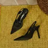 Üst Tasarımcı Yüksek Topuklu Kadın İnce Topuklular İpek Siyah Sistemli Tek Ayakkabı Arka Kayış ve Etek ve Sarılı Kafalı Kadın Sandaletleri