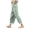 Kvinnor Pants Summer Ethnic Style Straight Striped Print Rolled Up Ankle Length Beach Casual Contrast Color High midjebyxor