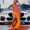 Gorgeous Sequin Orange Prom Dresses With Slit 2024 Plus Size Aso Ebi Mermaid Evening Dress Elegant Black Women Feather Formal Dress Diamond Crystal Ceremony Party