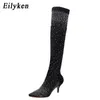 Crystal Rhinestone Eilyken 140 Design Stretch Fabric Sexy High Heels Sock Over-the-knee Boots Pointed Toe Pole Dancing Women Shoes 240407 a