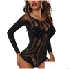 Basic & Casual Dresses Ladies Y Lingerie Bodysuits Top Women Mesh Perspective Decor Long Sleeve Stripes Jumpsuit Night Clubwear Cloth Dhqtf