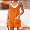 Womens Jumpsuits Rompers Women Cotton Linen Short Romper Summer Strappy Straight Playsuits 2021 Casual Buttons Loose Ladies Big Pocket Dhogw