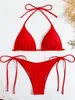 Sexy Brown Bikini 2023 Femmes Solid Red Halter Push Up Bra Tie côté triangle Swimsuit Summer Bathing Bathing Bathing Lace Micro Swimwear 240408