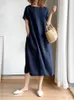 Summer Women Dress Casual Loose Short Sleeve ALINE Oversize Solid Midi Cotton Linen Dresses for Vestidos De Mujer 240415