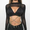 Super Short Lace Women Hip transparentes Netz rückenfreies T -Shirt Langarm sexy Crop Tops Bodycon Club Kleidung 240403