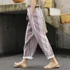 Kvinnor Pants Summer Ethnic Style Straight Striped Print Rolled Up Ankle Length Beach Casual Contrast Color High midjebyxor