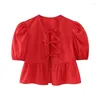 Blans pour femmes Keyankettian 2024 Launch Bow Lacet Up Puff Shirt Shirt Sweet Style Summer Tiered Ruffles Slim Crop Top Blouse