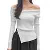 Women's T Shirts Off Shoulder Fit Long Sleeve Crop Top Boat Neck Tshirt Blouses