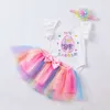 2024 Spring/Summer New Baby Clothing Easter Cartoon broderi Rabbit Egg Flying Sleeve Sweetheart Rainbow kjol