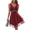 Casual Dresses Elegant V-neck Dress Soft Fabric V Neck Pearl Embellished A-line Evening With Double-layer Mesh For Summer