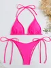 Sexy Brown Bikini 2023 Femmes Solid Red Halter Push Up Bra Tie côté triangle Swimsuit Summer Bathing Bathing Bathing Lace Micro Swimwear 240408