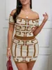 Sexy Geometric Print Twopiece Set Off Shoulder Short Sleeve Top High Waist Slim Skirt Outfits Womens Clothing 240410