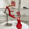 Rhinestone Stiletto Sandalet Snake Strass 95mm Kırmızı Cleo Düğün Akşam Ayakkabıları Kadın High Tepe Ayak Bileği Sargısı Tasarımcı Ayakkabı Parti Elbise Ayakkabıları