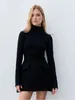 Casual klänningar chic röda kvinnor fickor miniklänning elegant halva hög krage långärmad pendling lady solid bodycon a-line mantel