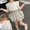 Kläder Set Girls Summer Set 2024 New Childrens Summer Dress Girls Fashion Childrens Top+Two Piece Set Y240415