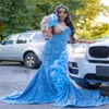 Prachtige blauwe pailletten prom -jurken met hoge spleet elegante ruches zeemeermin Afrikaanse avondjurk 2024 plus size formele jurk verjaardagsfeestje Vestidos de festa