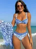 Inx 3 -bit bikini set blå behå push up baddräkt bikini med täckbrudbaddräkt damer strandkläder kvinnor sommar 240411