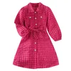 Flickaklänningar barnskjorta krage rutig klänning för flickor 4-7 år röd långärmad 2024 våren stilig prinsessa