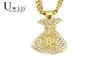 UWIN Stainless Steel Dollar Sign Purse Gold Coins Money Bag Pendant With Rhinestone Charms Iced Out Necklace Hip Hop 2010144440349