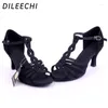 Dansskor Dileechi Bronze Black Satin Latin Women's Adult Ballroom Dancing Salsa Squre Med Heel 7cm grossist