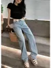 Designer kvinnor jeans odefinierade byxor höga midja jeans med vit lapel bokstäver design och rak längd denim byxor