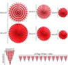 Party Decoration Red White Reckered Gingham Pennant Banners Hanging Paper Fans Blomma för picknick BBQ Födelsedagsbröllop utomhus