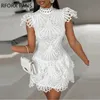 Women Solid Small Flying Sleeves Hook Flower Hollow Stand Collar Mini Formal Party White Dress 240415