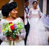 2024 Afrikaanse lange mouwen trouwjurken bruid jurk kanten applique sweep trein plus maat op maat gemaakte schephek