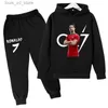 Kläder sätter barn Spring Autumn Football Idol CR7 Print 2st Hoodie+Pants Tracksuits 3-13 Years Boys Girls Casual Outfits Children Clothes Set T240415