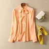 Dames blouses elfstyle dames 2024 zijden viscose mix wit/champagne/oranje roze blouse shirt met lange mouwen met lint