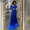 Robes de fête minces royal bleu sirène satin dubaï du bal à manches longues robe de soirée saoudie