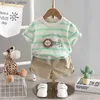 Clothing Sets Boys Striped Casual Outfit Round Neck T-shirt Shorts Kids Summer Clothes Sets Y240415