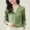 Kvinnors blusar 19 Momme Real Silk Shirt V-Neck Elegant Shirts Fashion for Women Long Sleeve Office Lady Lady Blue Woman Tops