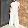 INCERUN Men Sets Muslim Clothing Loose O-neck Short Sleeve T Shirt Wide Leg Pants 2PCS Solid Color Men Casual Suits S-5XL 240410