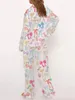 Kvinnor Bow Printing 2 Piece Y2K Satin Silk Lounge Outfits Pyjamas Set Long Sleeve Button Down Shirt Pants Set Valentines Day 240415