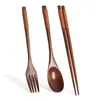 Geschirrssätze langes Griff japanisches natürliches Abendessen Kit handgefertigtes Holzgeschirr Utensilien Castlery Fork -Essstäbchen Löffel Set