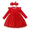 Girl Dresses Toddler Girls Birthday Party Dress Abito a maniche lunghe a costola a maglieria floreale in mesh tulle con fascia per la serata