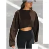 Fitnesskleidung Frauen Langarm Langarm kurzer Y2K Crop Top Mode runde Hals gestrickt Sweatshirts Damen Frühling Herbst Feste Farbe Loose Drop d ot4HR