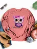 Women's T-Shirt Plus size Cartoon cute bow purple owl print graphic long sleeve T-shirt Retro unisex casual womens long sleeveL2403