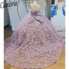 Lilac hors de l'épaule Crystal en dentelle Crystal Robe Quinceanera Robe 3d Fleurs Ribbons Bow Corset Vestidos de XV Anos