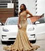 Plus Size Diamond Gold Prom Dresses For Black Women Sexy Deep V Neck Mermaid Evening Dress Beaded Sequin Aso African Formal Party Dress 2024 Vestidos De Noite Abiye